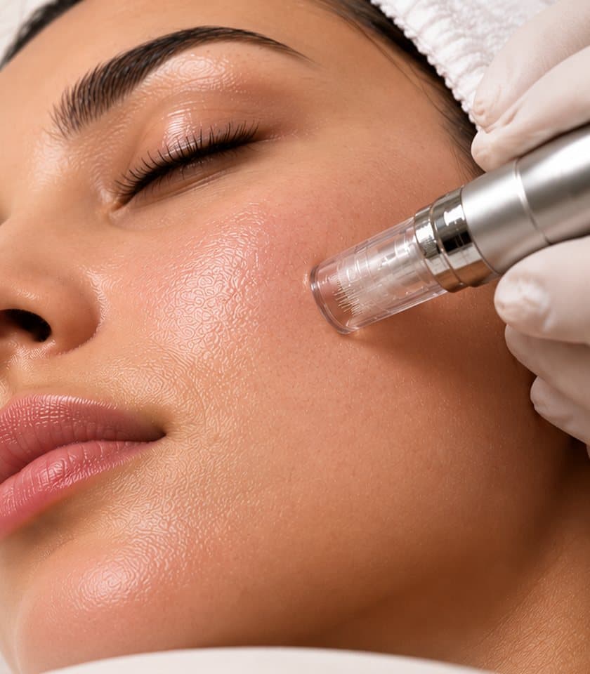 Stylo de microneedling appliqué sur la joue