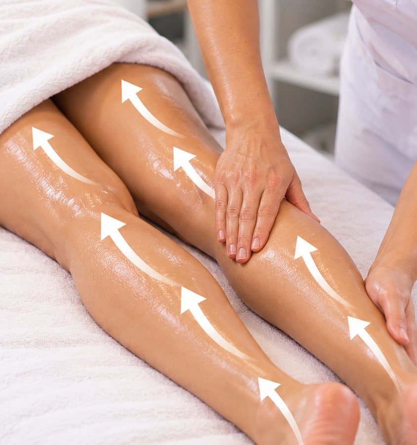 Illustration du drainage lymphatique des jambes, le sens des gestes indiqué par des flèches
